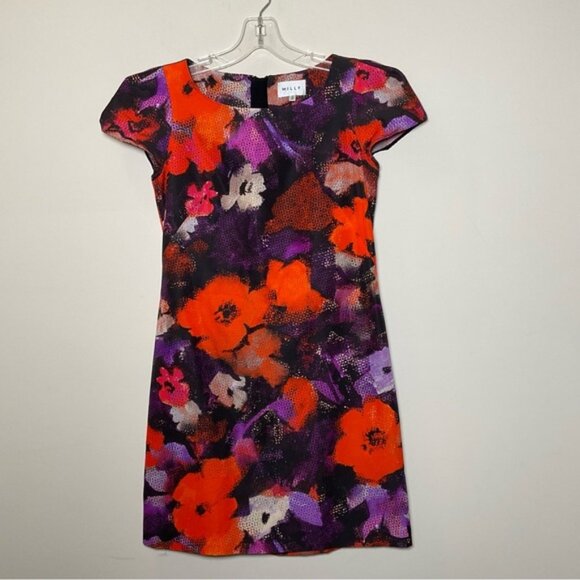 MILLY Women’s Chloe Multicolor Floral Cap Sleeve Short Sheath Dress Size 0